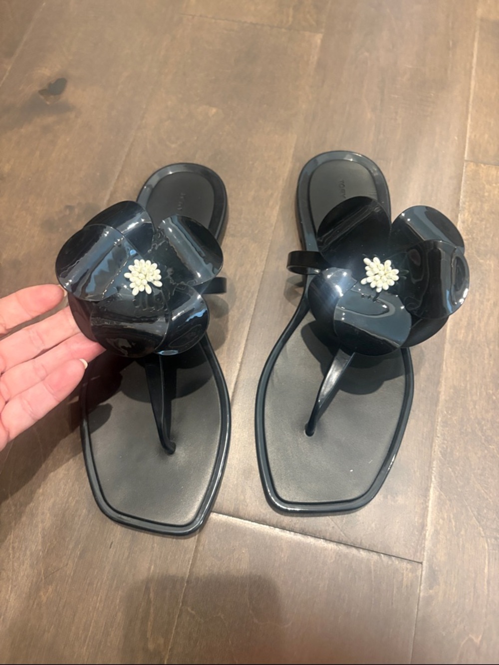 Tory Burch Black Floral Jelly Thong Sandals with Center Accent